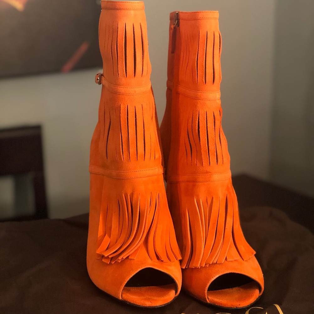 NIB Gucci Fringe Open-Toe Suede Scamosciato Boots